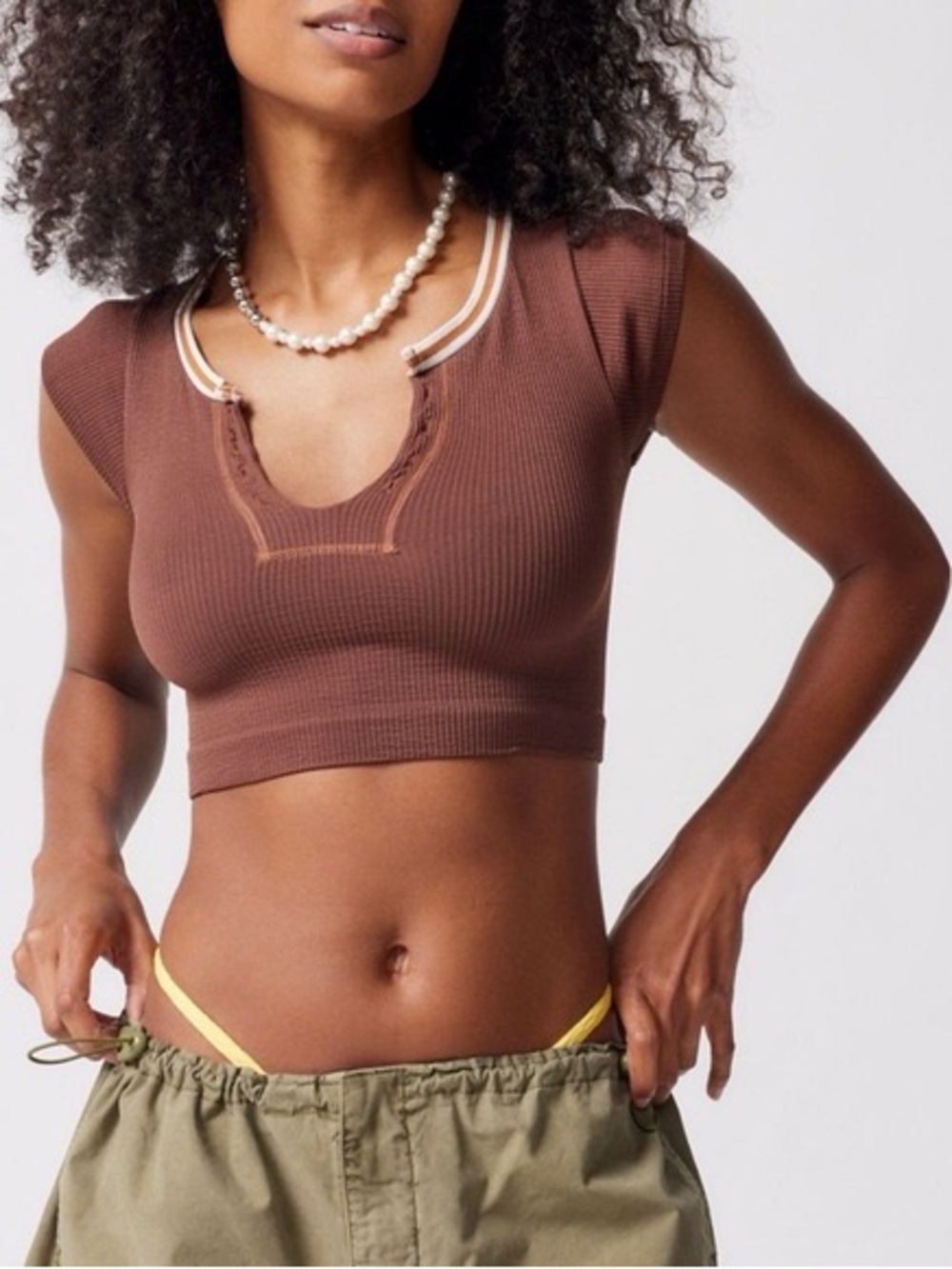 urban outfitters go for gold crop top coffee brown with contrast trim